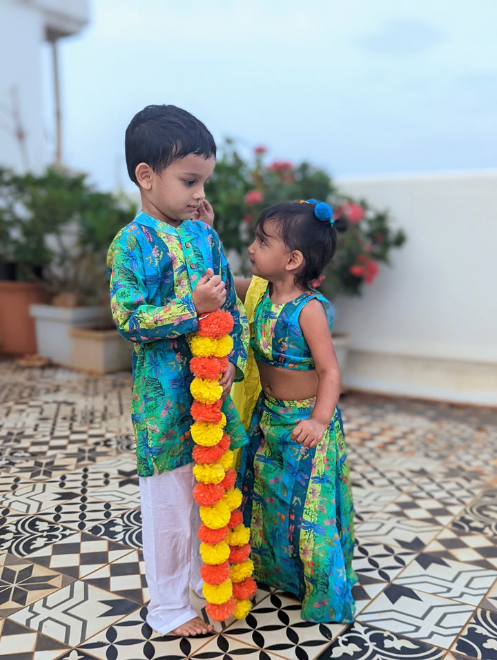 Cotton Malmal Lehenga Set | Dragonfly Neon