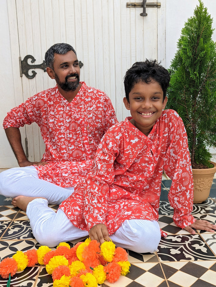 red angrakha style kurta for newborn boys till adult men