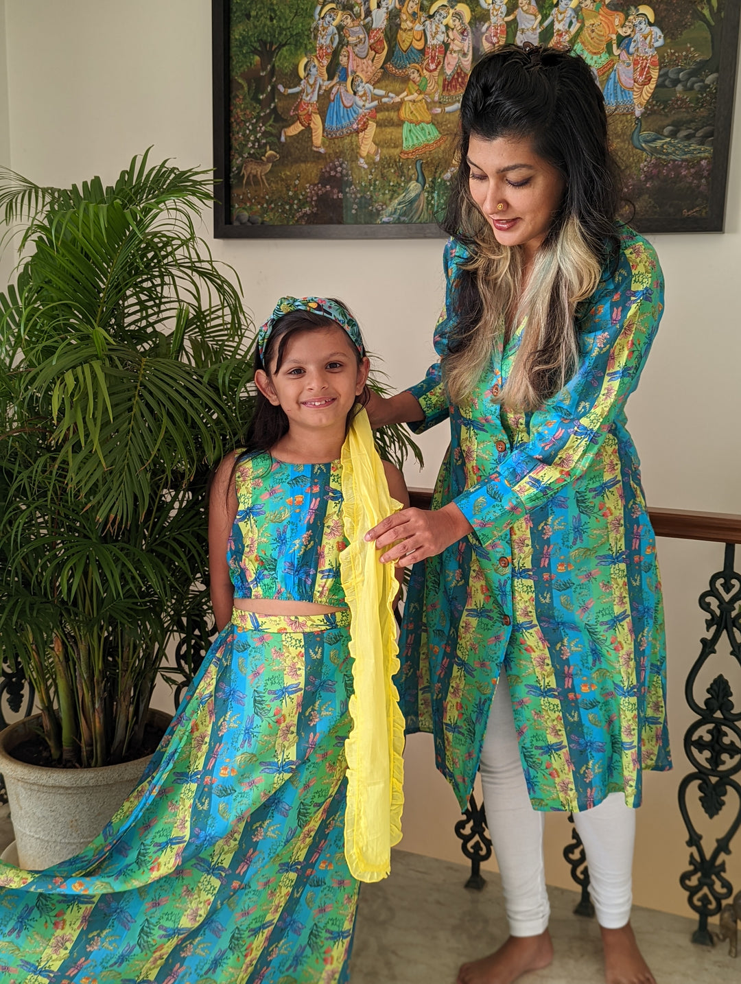 Cotton Malmal Lehenga Set | Dragonfly Neon