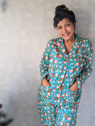 Cotton Pajama Set, Women | Merry Christmas - Blue