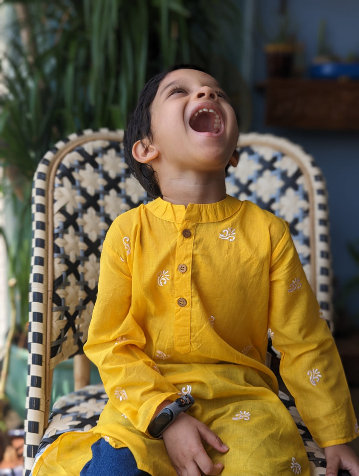 Embroidered Malmal Kurta | Sunshine Yellow | Newborn to Adult