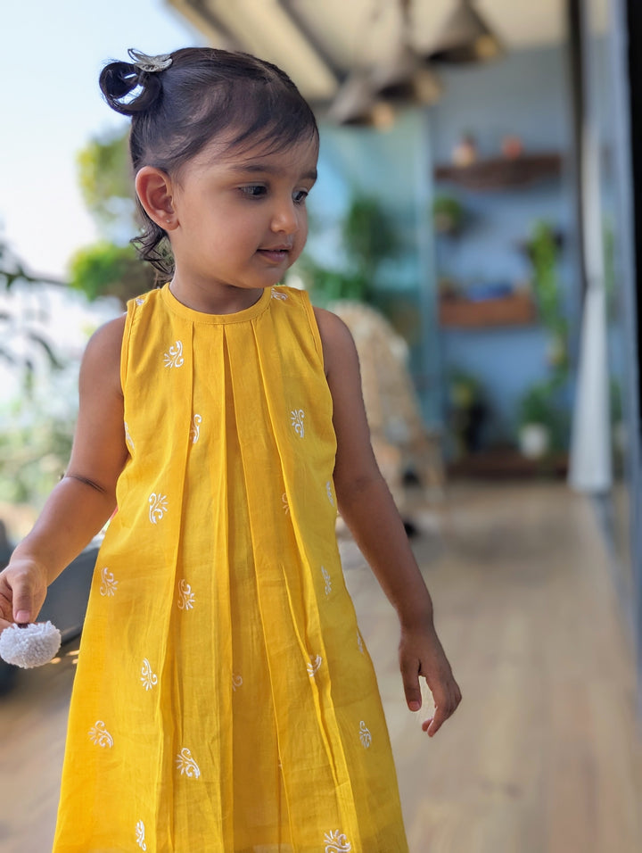 Embroidered Cotton Malmal Dress | Sunshine Yellow | 1-12Y