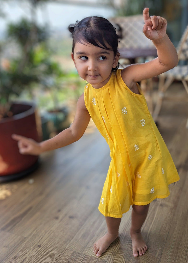 Embroidered Cotton Malmal Dress | Sunshine Yellow | 1-12Y
