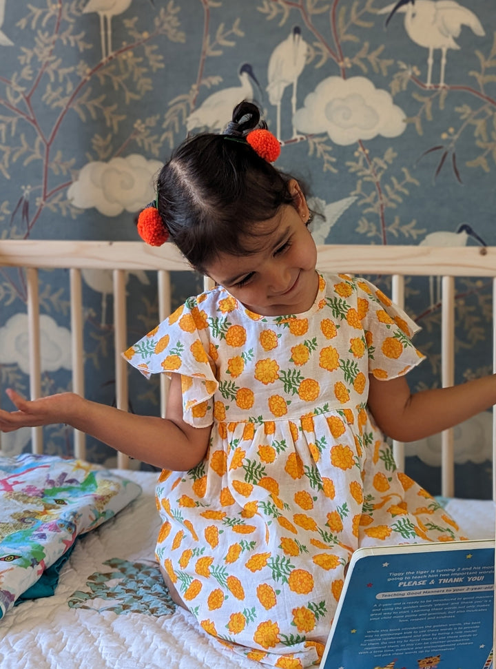 Cotton Malmal Dress | Marigold | 0-12Y