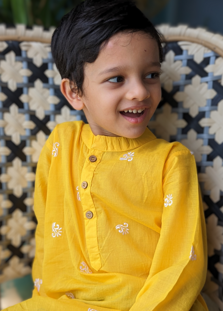 yellow festive cotton malmal kurta boys