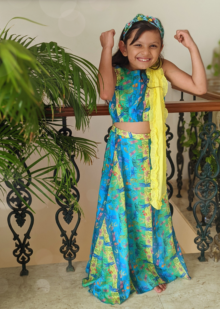 Cotton Malmal Lehenga Set | Dragonfly Neon