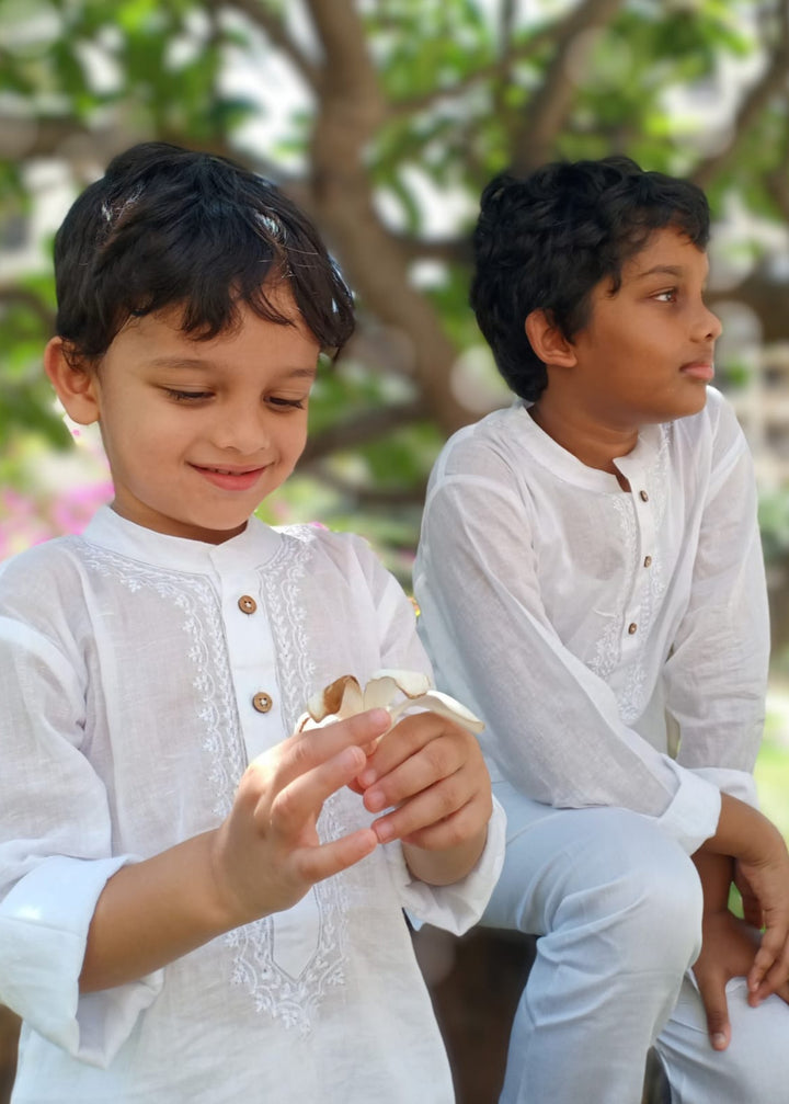 white cotton malmal kurta for boys