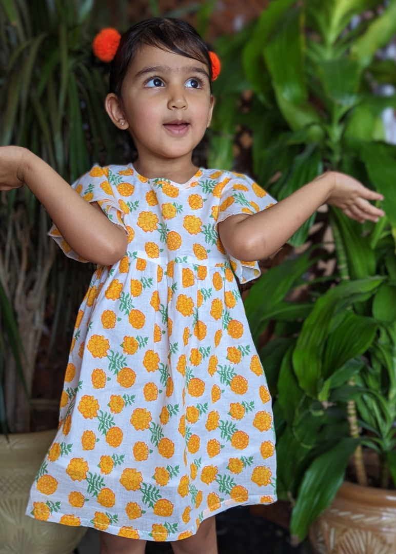 Cotton Malmal Dress | Marigold | 0-12Y
