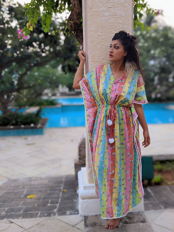 Dragonfly print cotton beach kaftan – nature-inspired summer kaftan