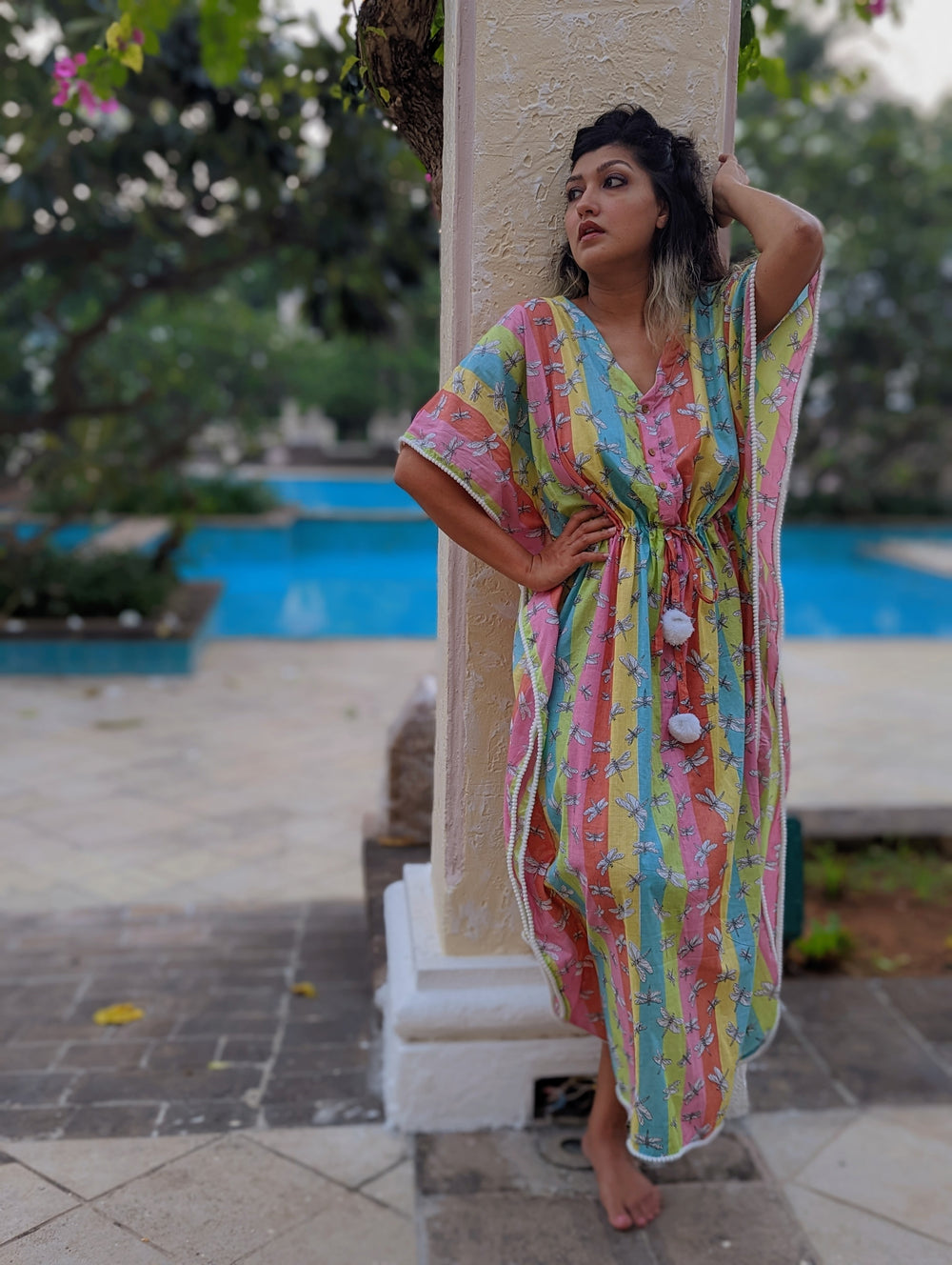 Dragonfly print cotton beach kaftan – nature-inspired summer kaftan