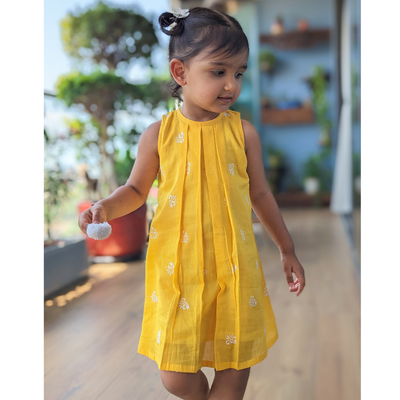 Embroidered Malmal Dress | Sunshine Yellow | 1-12Y